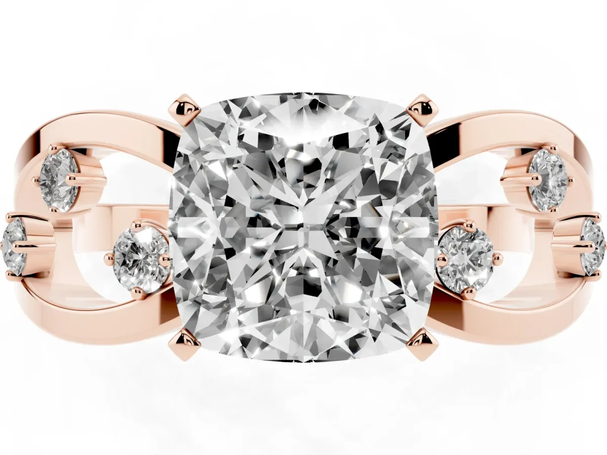 Cushion Cut Cut Solitaire Diamond with Side Stones on Criss-Cross Band and Four-Prong Setting Rose gold