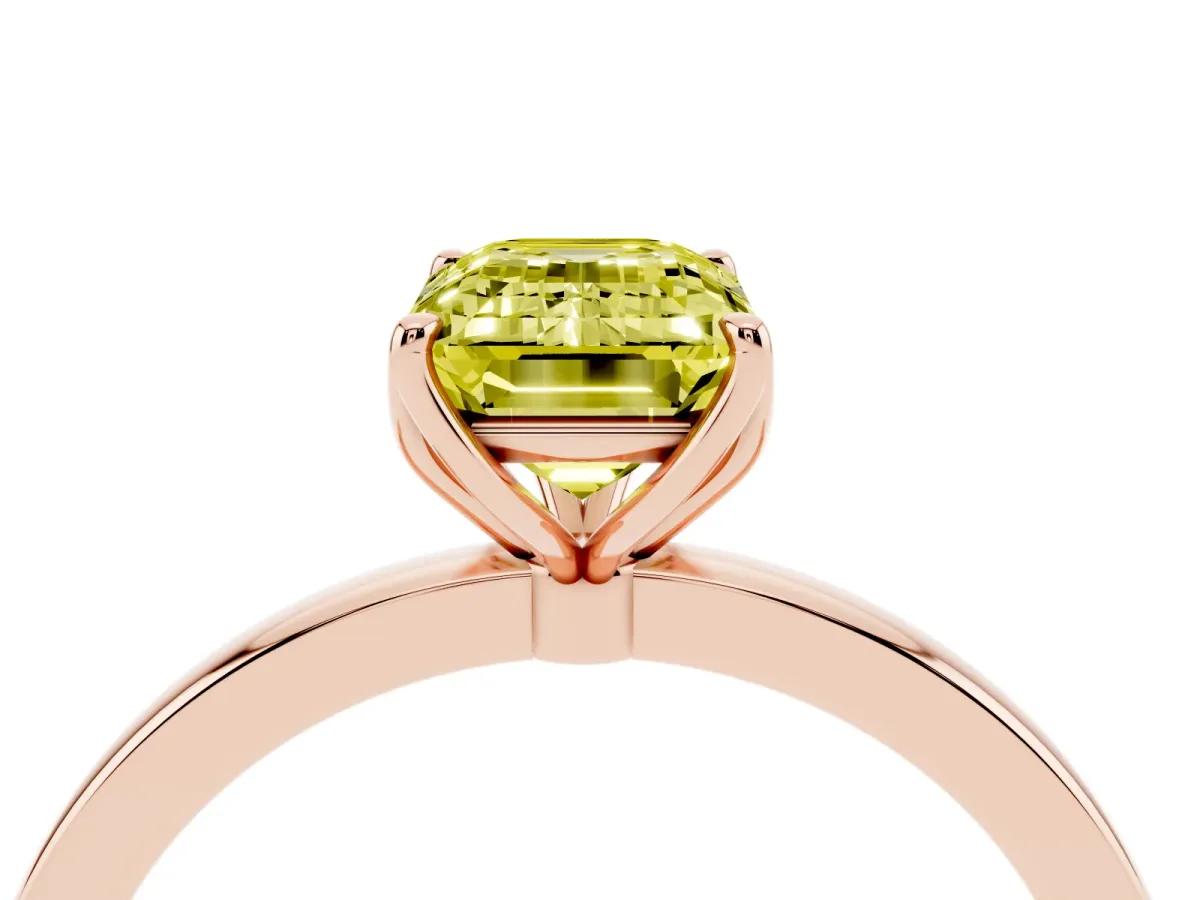 Fancy Yellow Emerald Cut Diamond Solitaire Ring with Thin Band and Prong Setting Rose gold