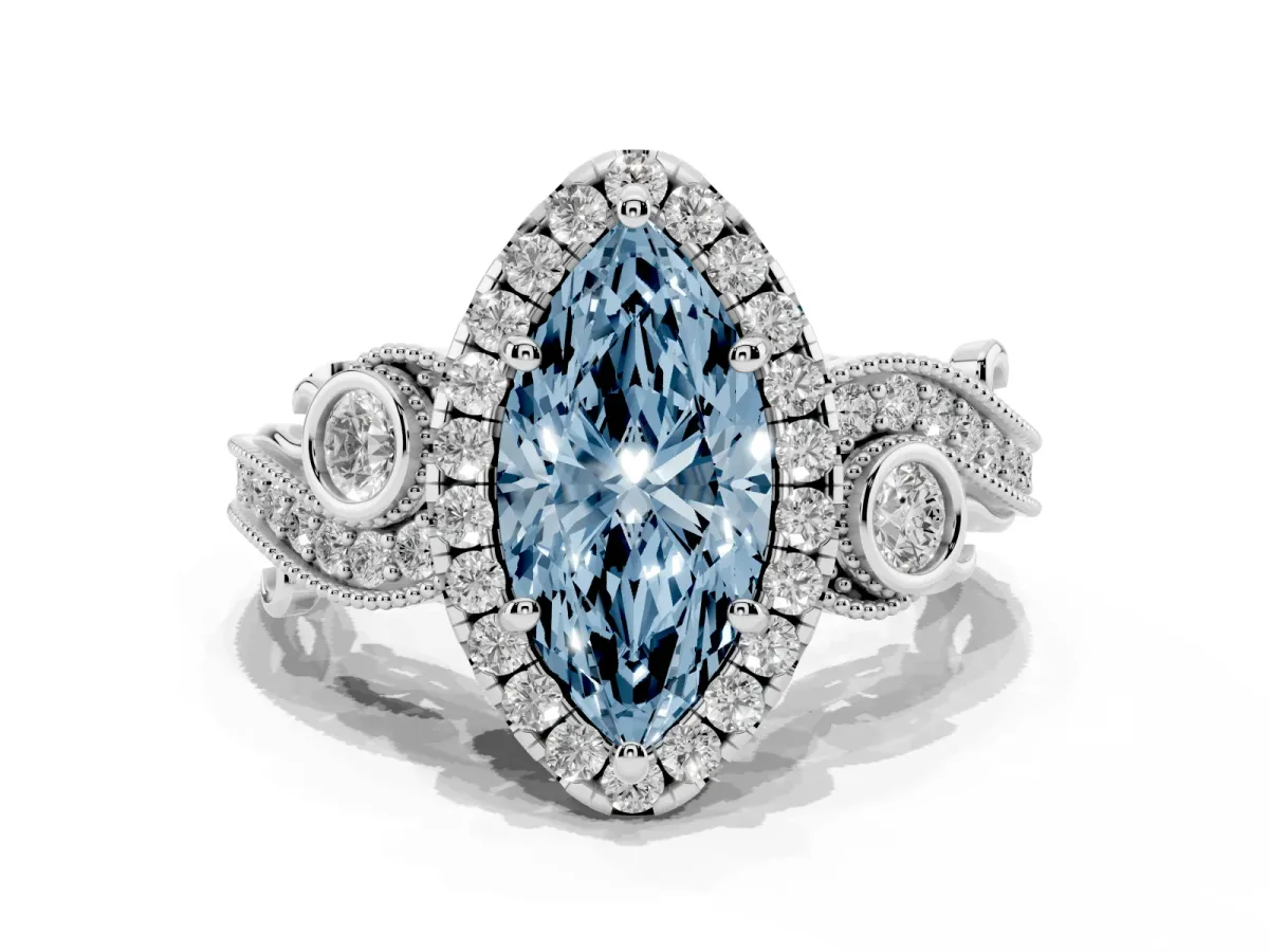 Fancy Blue Marquise Cut Halo Diamond Ring with Milgrain and Bezel Accents on a Split Shank Band White gold
