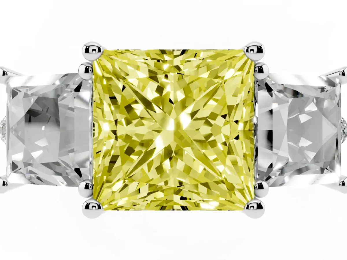 Fancy Yellow Three-Stone Princess Cut Diamond Ring with Round Pavé Band and Prong Setting Silver