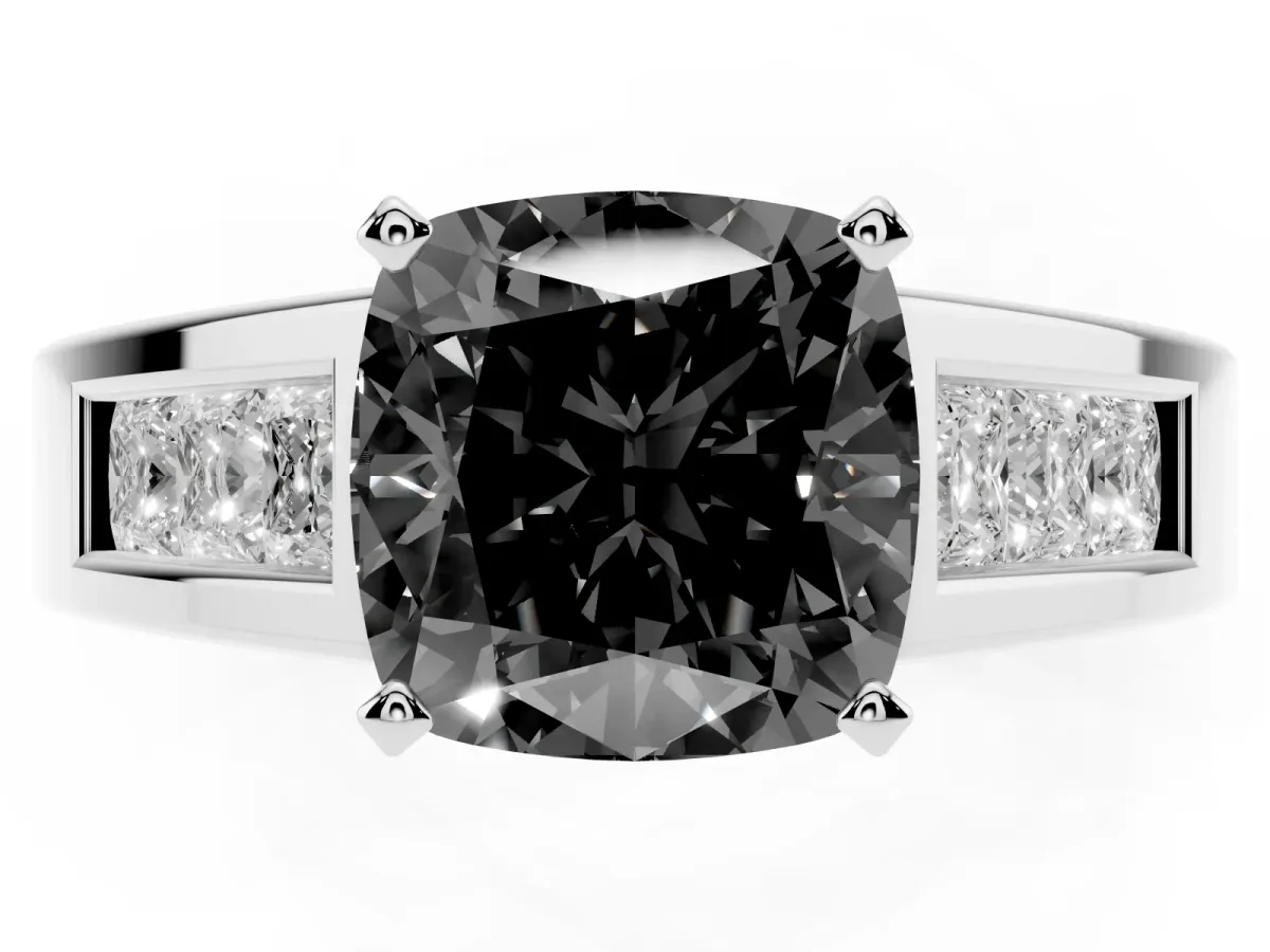 Fancy Black Cushion Cut Cut Channel Set Solitaire Ring with Four-Prong Setting Silver
