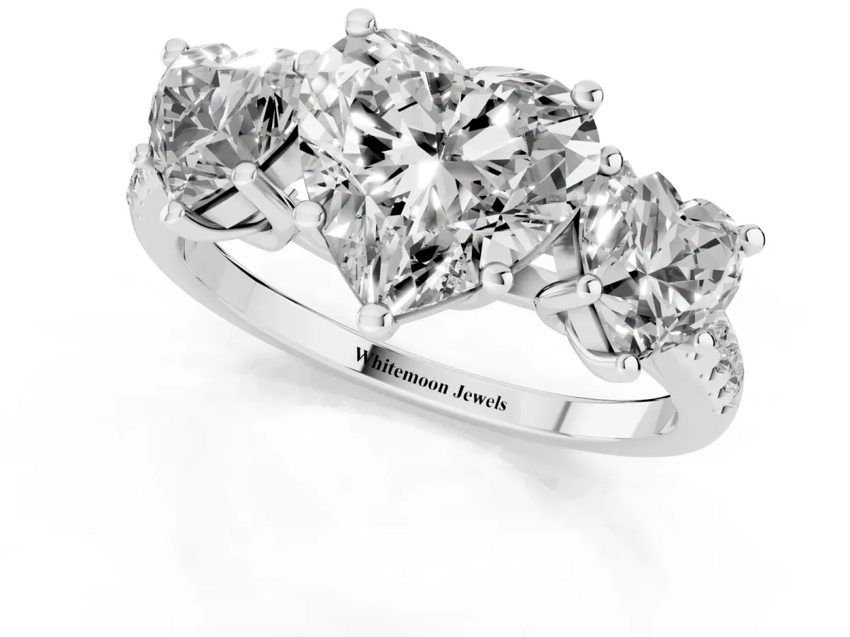 Three-Stone Heart Cut Diamond Ring with Round Pavé Band and Prong Setting Silver