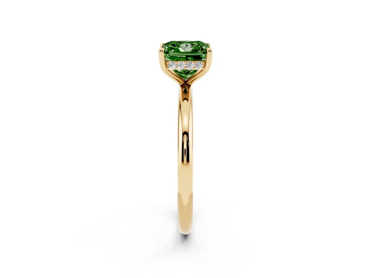 Fancy Green Princess Cut Diamond Solitaire Ring with Thin Band and Four-Prong Setting Yellow gold