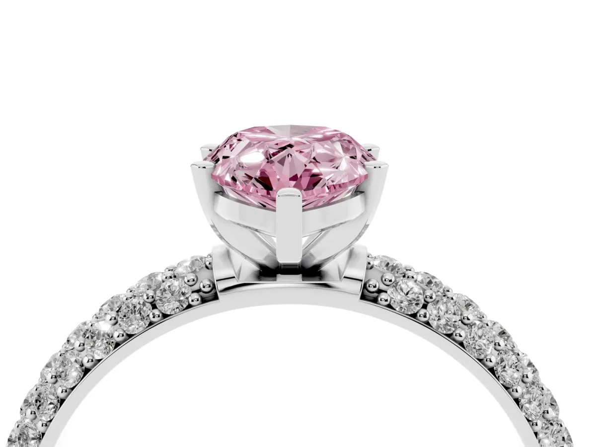 Fancy Pink Pear Cut Diamond Solitaire Ring with Prong Setting and Pavé Band Platinum