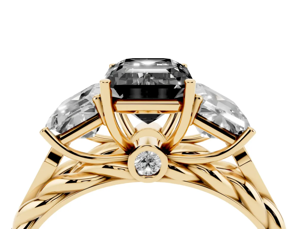 Fancy Black Three-Stone Radiant Cut Diamond Braided Band Ring with Four-Prong Setting Yellow gold