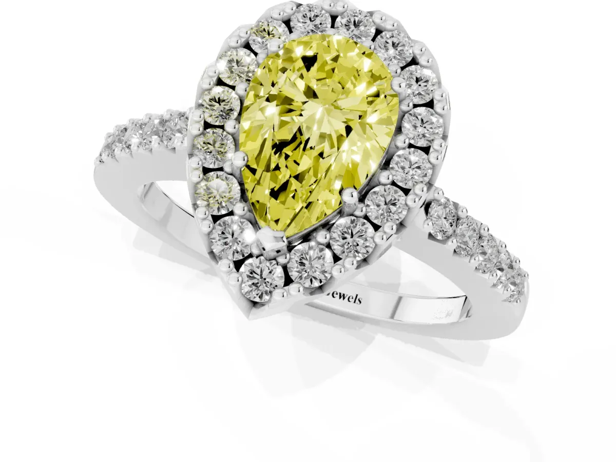 Fancy Yellow Pear Cut Halo Diamond Pavé Solitaire Ring White gold