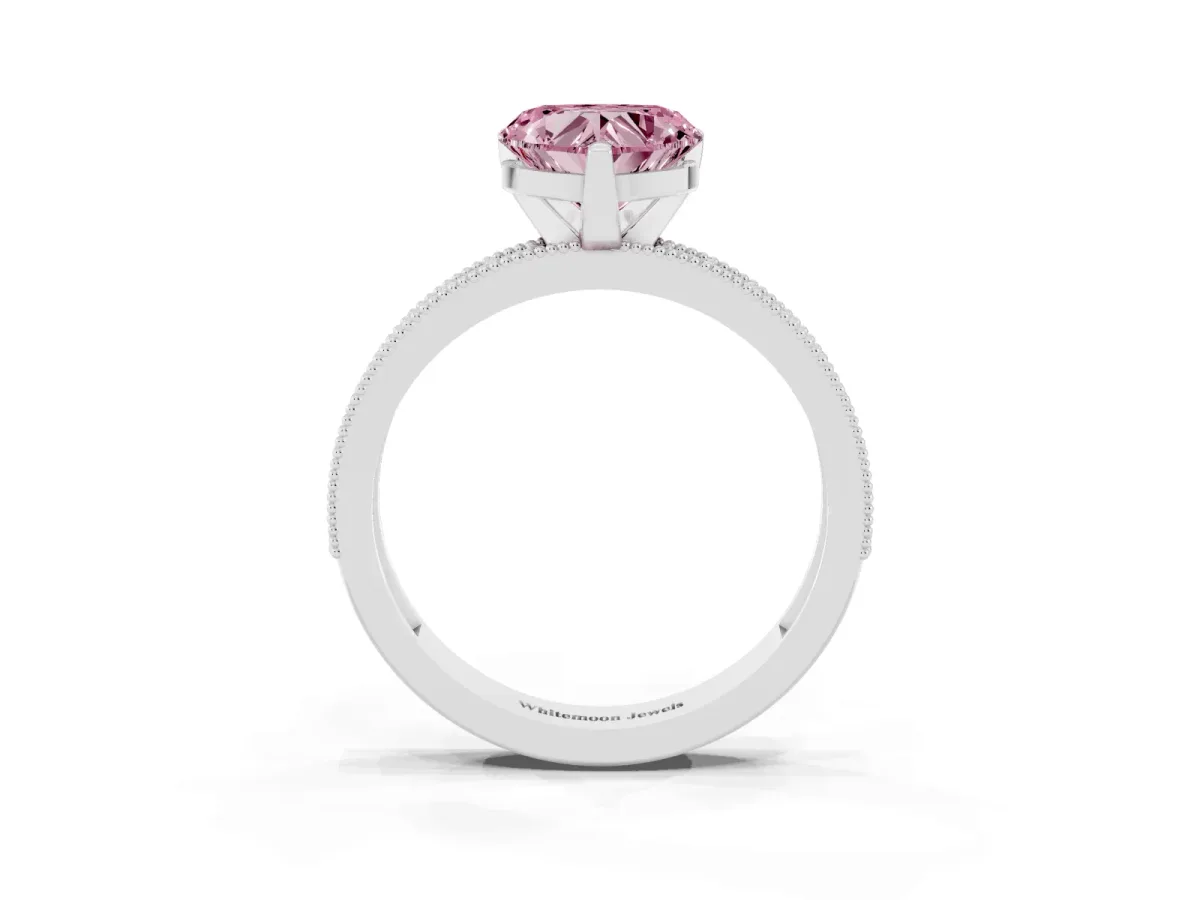 Fancy Pink Heart Cut Diamond Milgrain Pavé Engagement Ring with Four-Prong Setting Silver