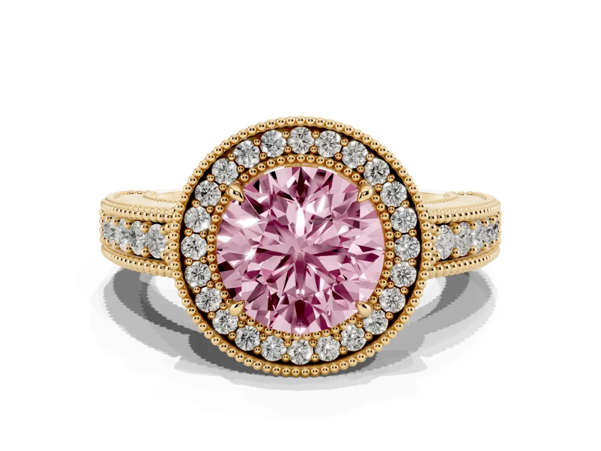 Fancy Pink Round Cut Cut Halo Diamond Ring with Pavé Band and Four-Prong Setting Yellow gold