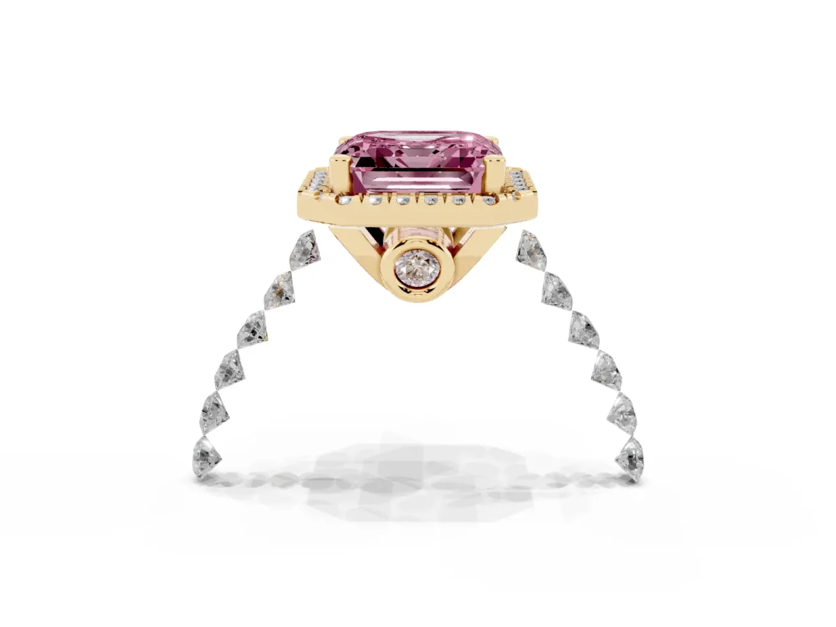 Fancy Pink Asscher Cut Halo Pavé Diamond Engagement Ring with Four-Prong Setting Yellow gold