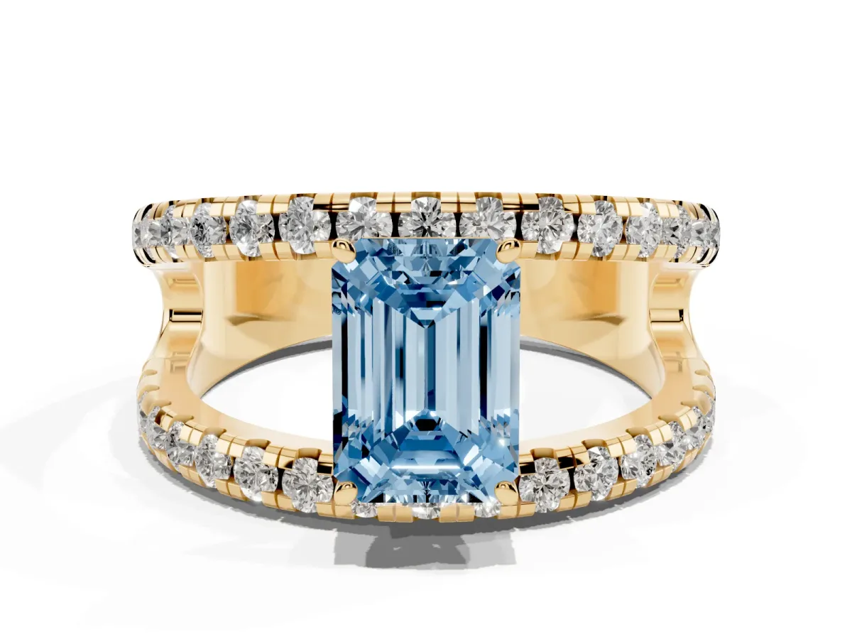 Fancy Blue Emerald Cut Solitaire Split Shank Pave Diamond Ring Yellow gold