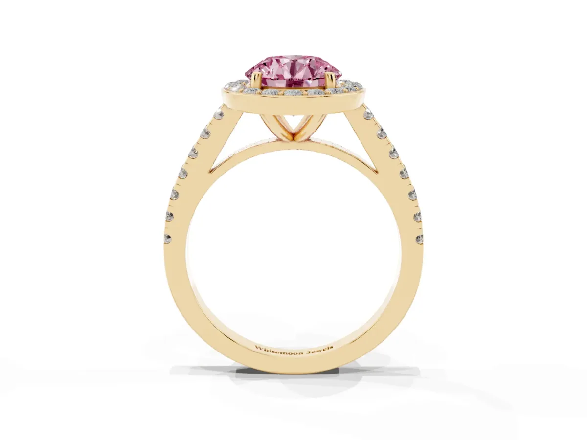 Fancy Pink Round Cut Diamond Halo Ring with Round Pavé Split Shank and Prong Setting Yellow gold