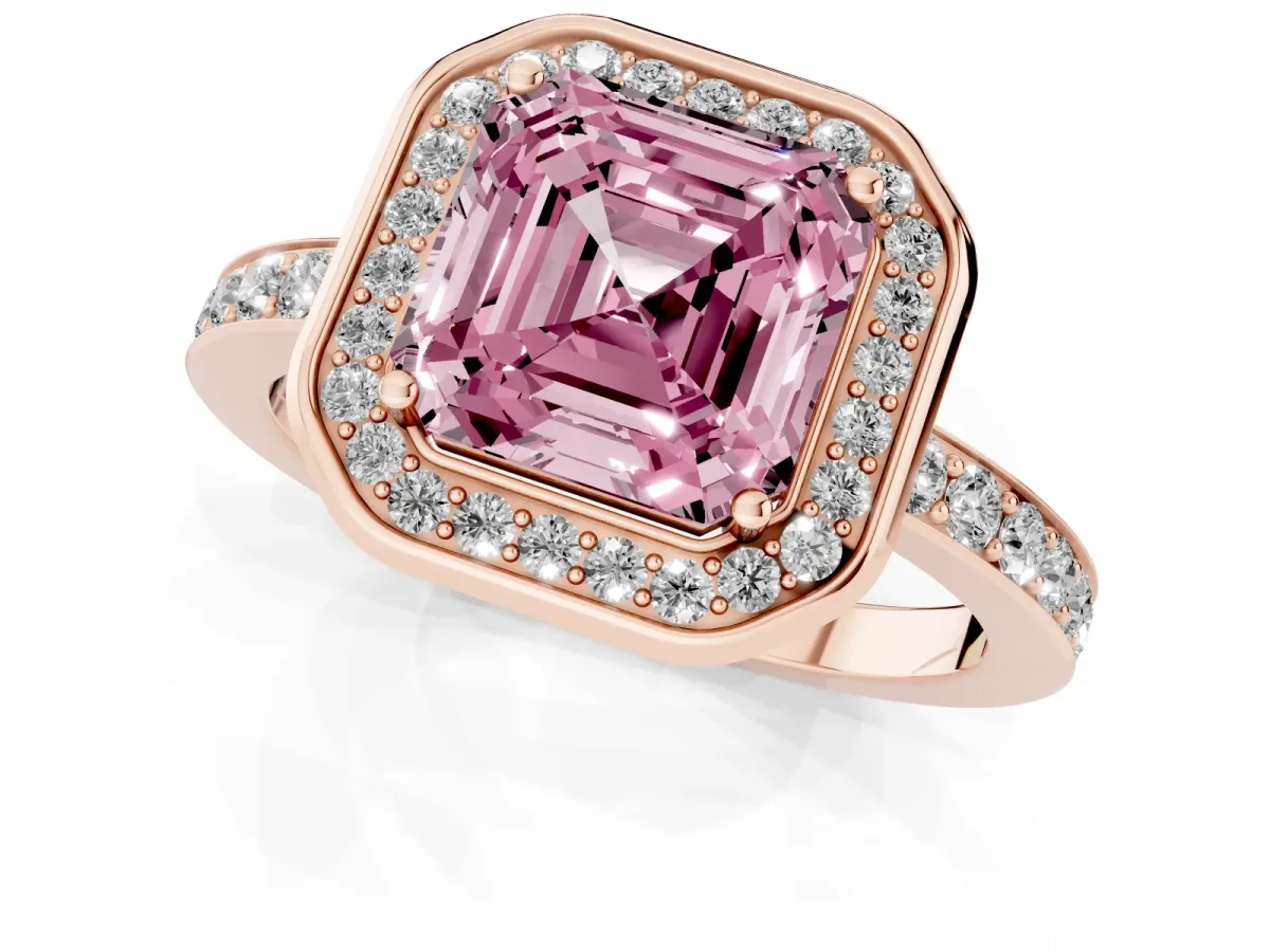 Fancy Pink Asscher Cut Diamond Halo Ring with Bezel Frame and Pavé Band Rose gold