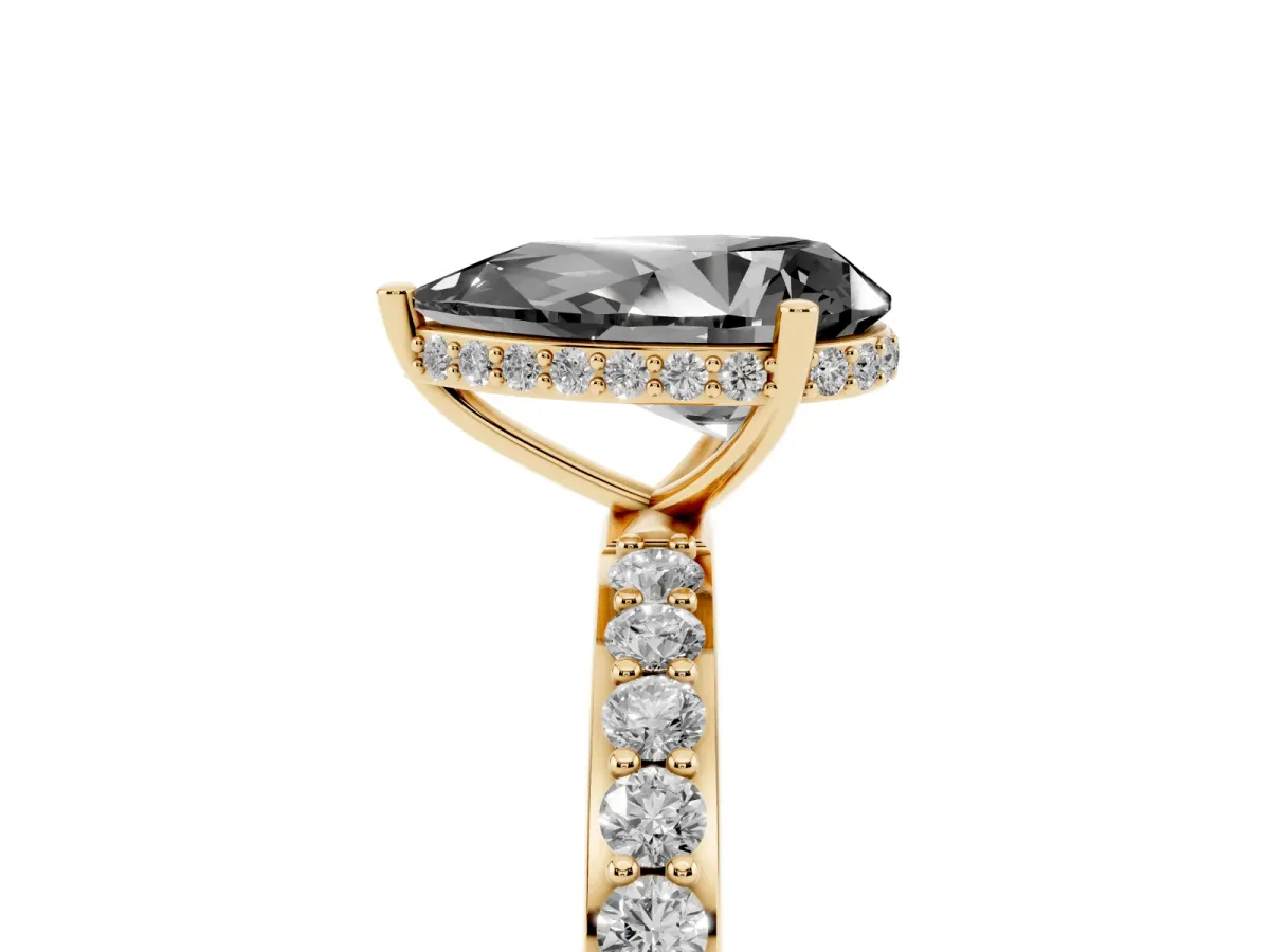 Fancy Black Pear Cut Diamond Solitaire Ring with Pavé Band and Hidden Halo Yellow gold