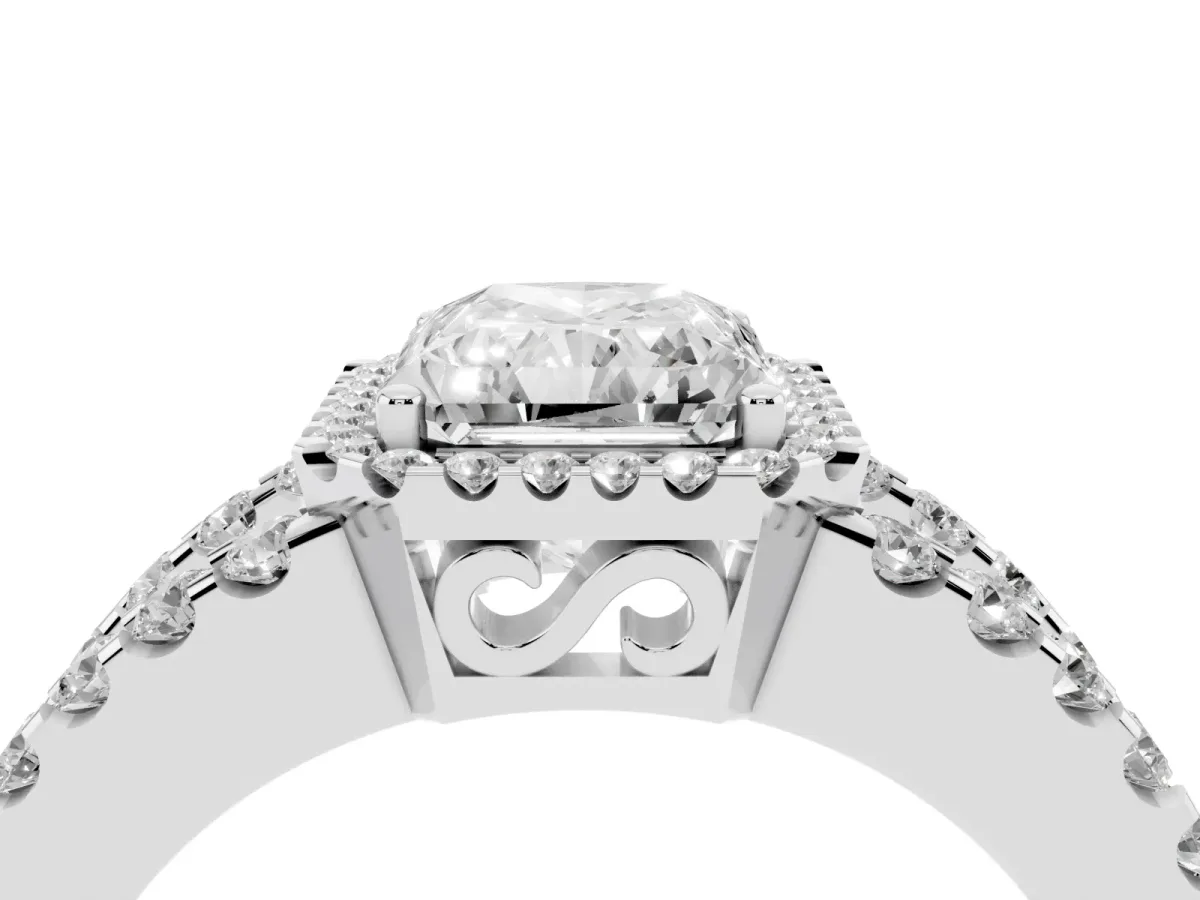 Radiant Cut Cut Halo Split Shank Diamond Ring with Four-Prong Setting White gold
