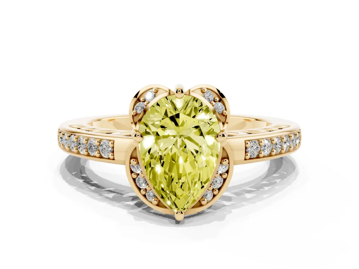 Fancy Yellow Pear Cut Cut Halo Diamond Ring with Channel Set Band and Four-Prong Setting Yellow gold