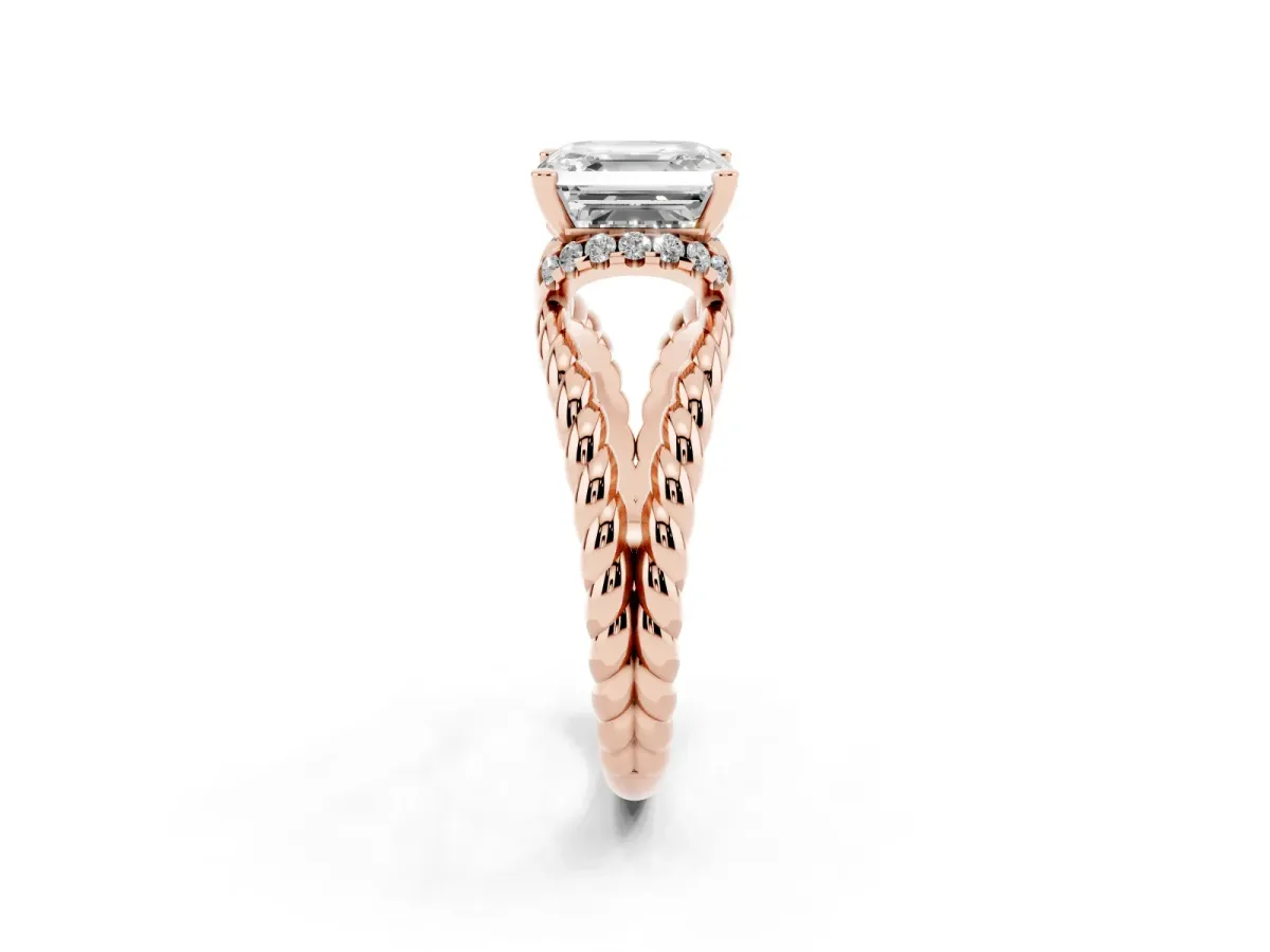 Asscher Cut Halo Twisted Band Four-Prong Ring Rose gold