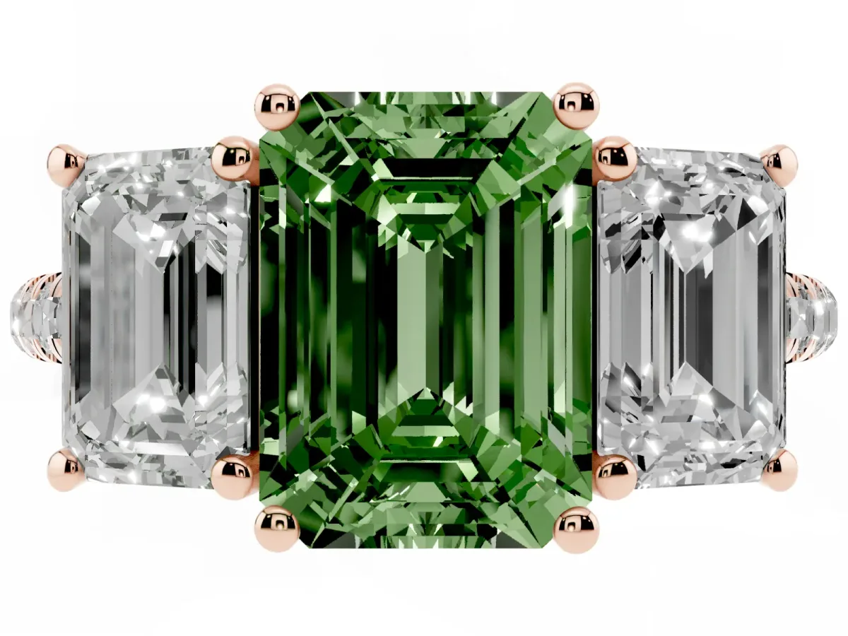 Fancy Green Three-Stone Emerald Cut Diamond Ring with Round Pavé Band and Prong Setting Rose gold