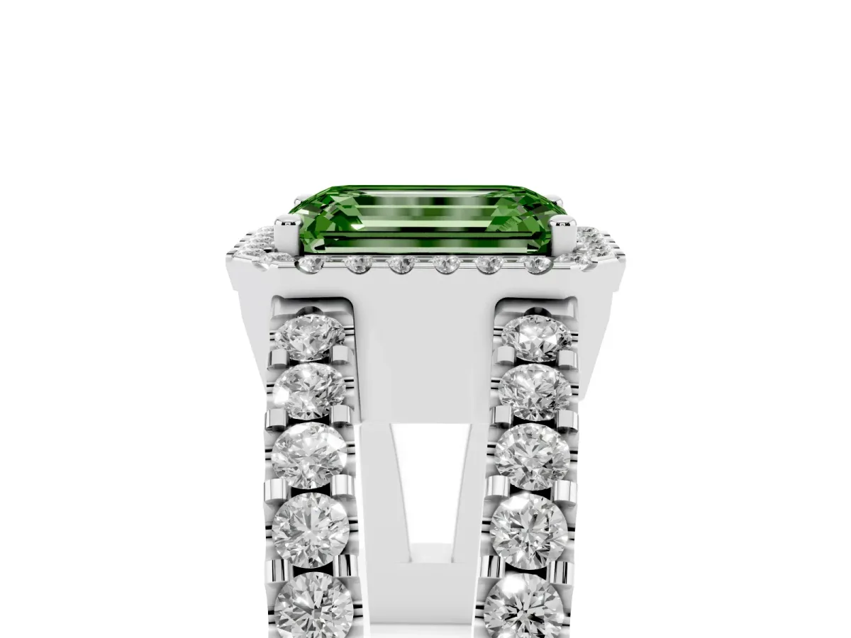 Fancy Green Emerald Cut Cut Halo Split Shank Diamond Ring with Four-Prong Setting Platinum