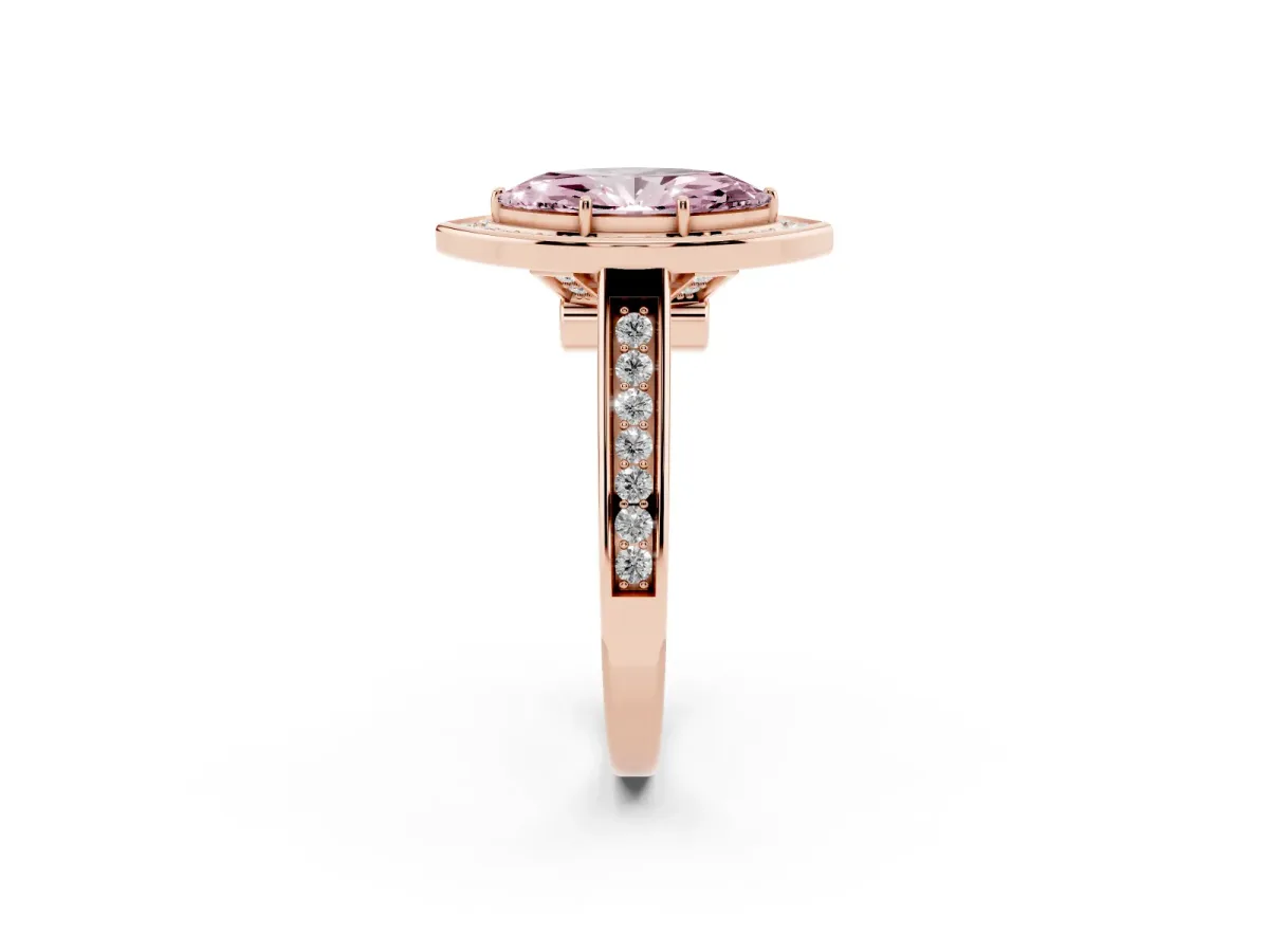 Fancy Pink Marquise Cut Halo Solitaire Diamond Ring with Pave Band and Bezel Setting Rose gold