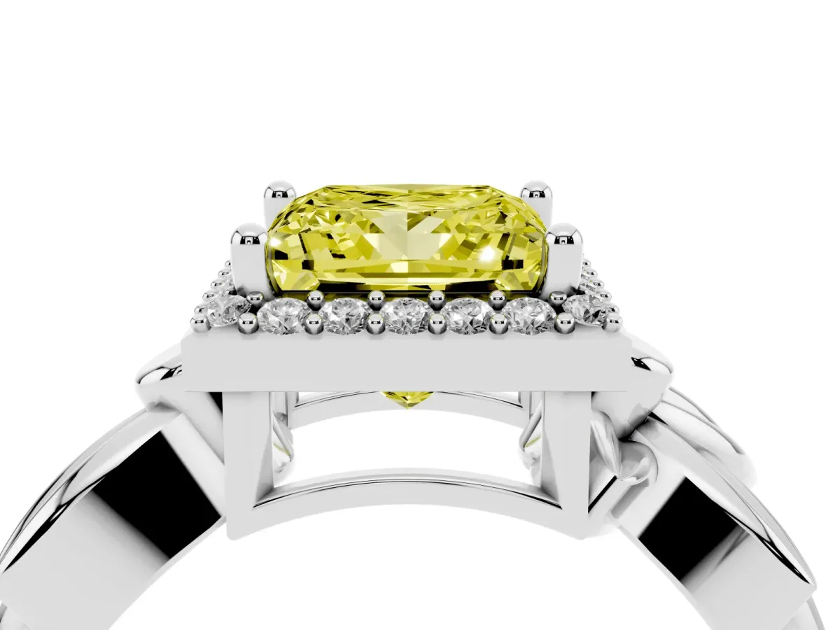 Fancy Yellow Princess Cut Halo Diamond Floral Band with Four-Prong Setting White gold