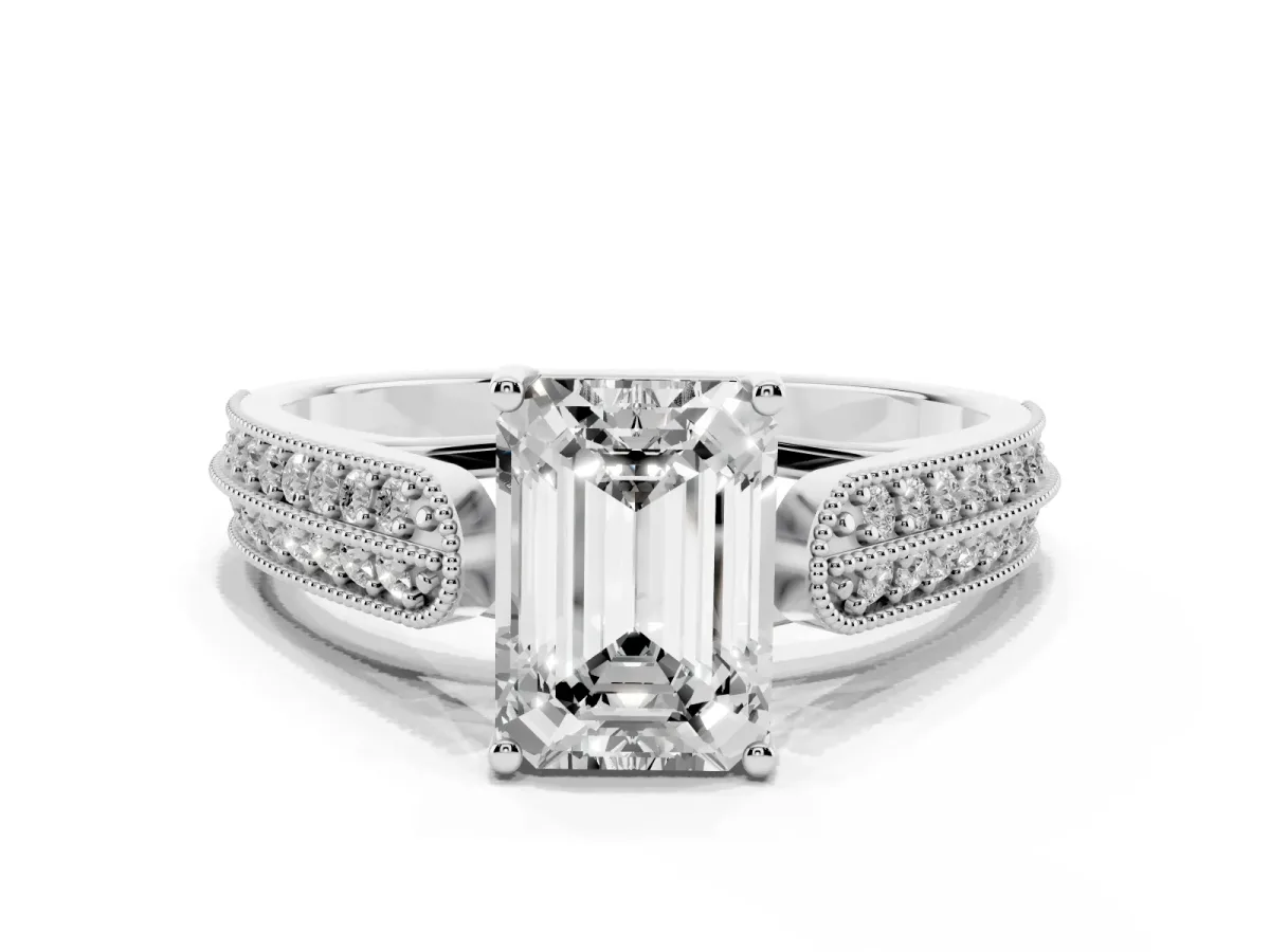 Emerald Cut Cut Pave Split Shank Engagement Ring with Four-Prong Setting Silver