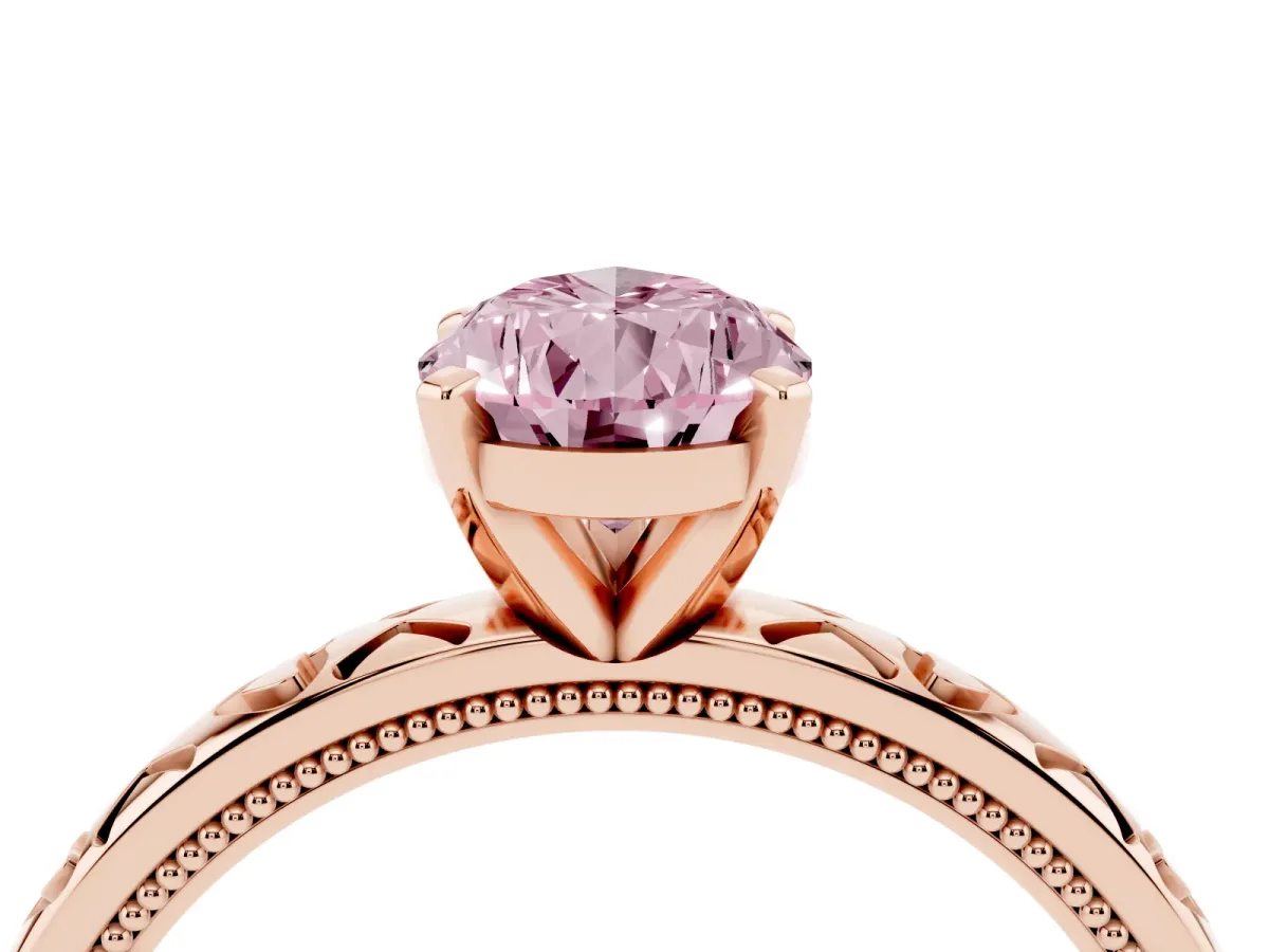 Fancy Pink Pear Cut Solitaire Diamond Engagement Ring with XO Engraved Band and Four-Prong Setting Rose gold