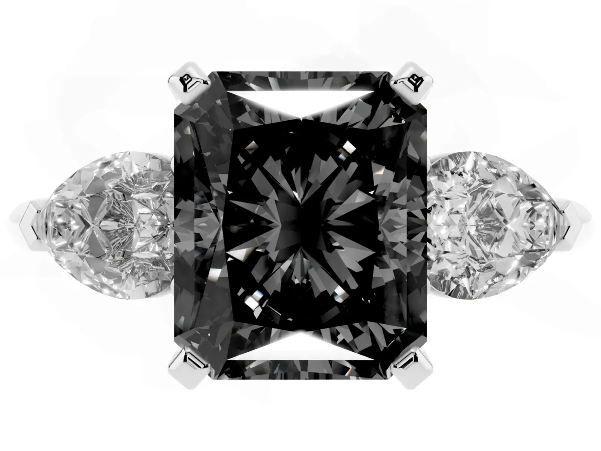 Fancy Black Three-Stone Radiant Cut Diamond Ring with Pear Side Stones and Four-Prong Setting Silver