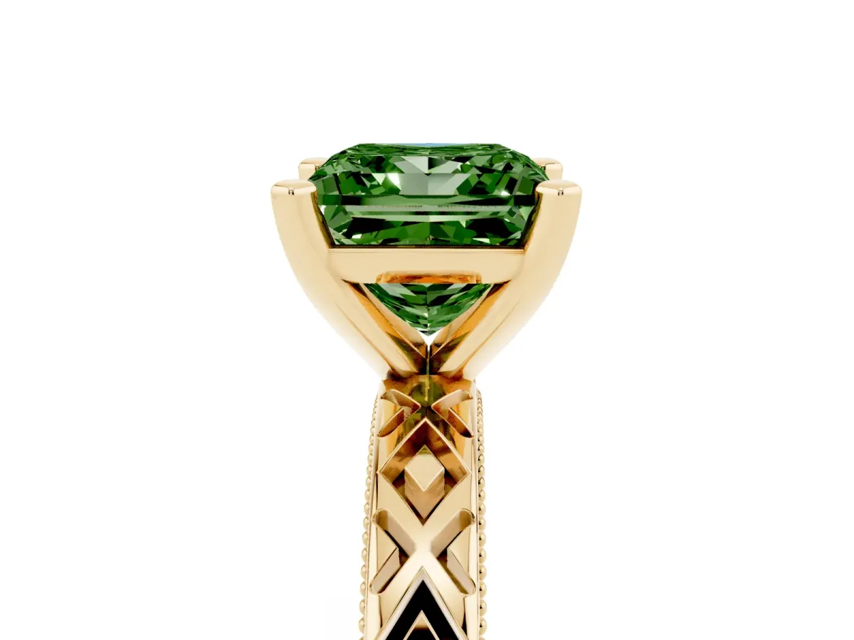 Fancy Green Princess Cut Solitaire Diamond Ring with Milgrain and Black Enamel X Pattern Band Yellow gold
