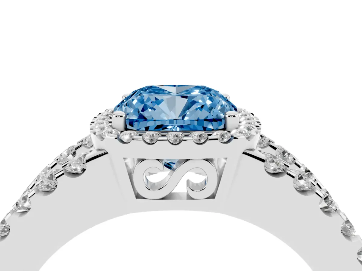 Fancy Blue Cushion Cut Cut Halo Split Shank Diamond Ring with Four-Prong Setting Platinum