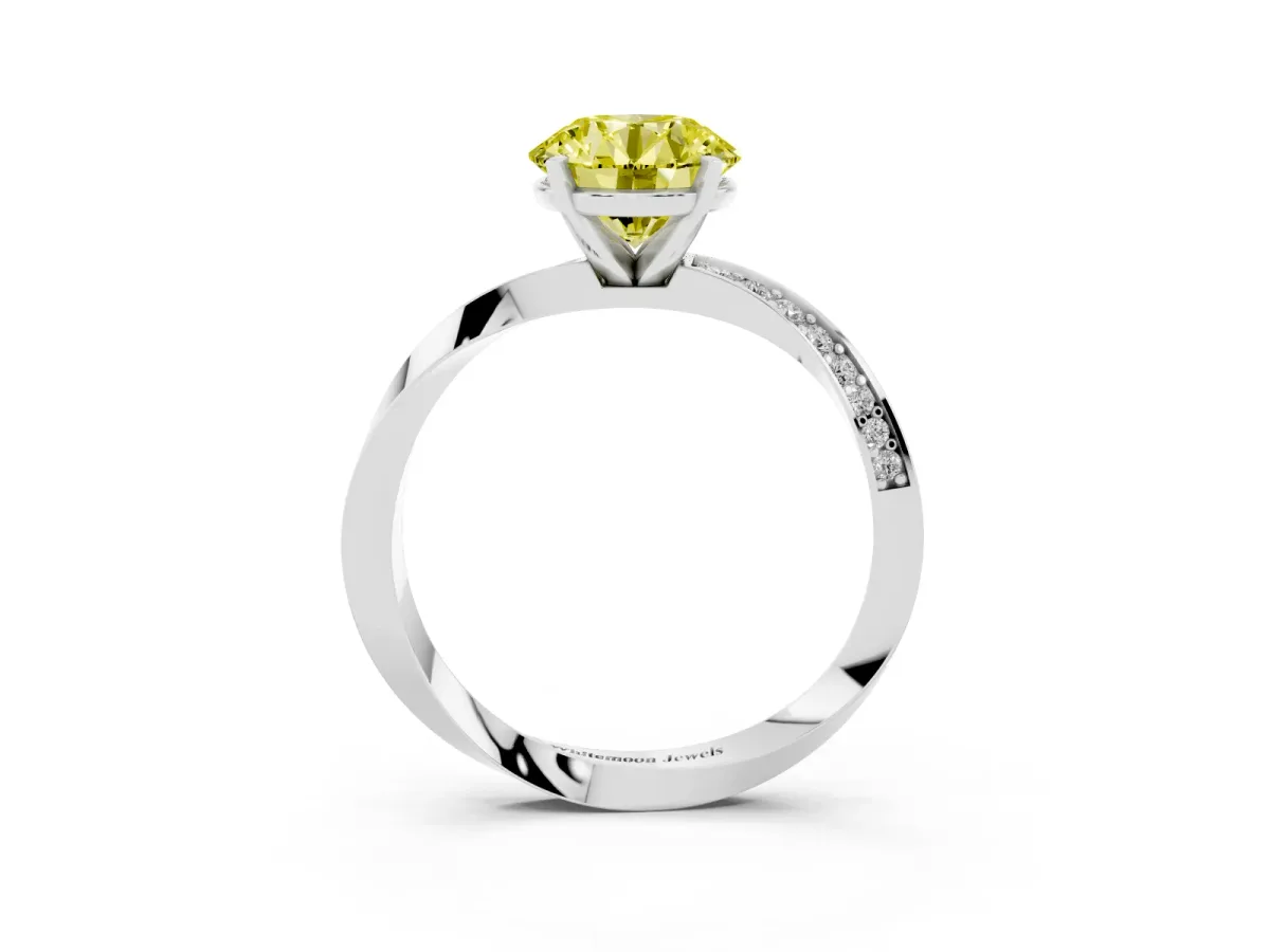 Fancy Yellow Round Cut Diamond Engagement Ring with Side Stone Accents and Four-Prong Setting Platinum