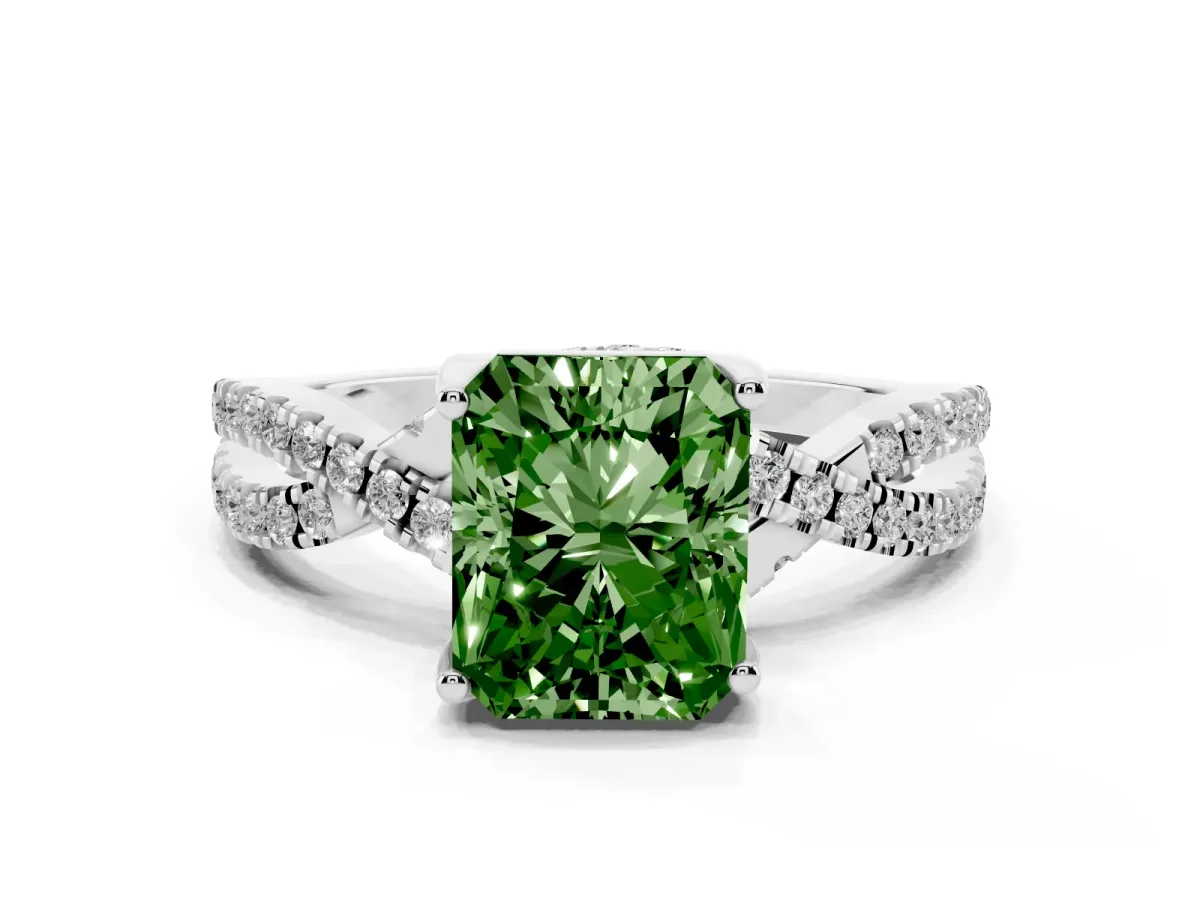 Fancy Green Radiant Cut Solitaire Twist Pave Diamond Engagement Ring with Prong Setting Silver