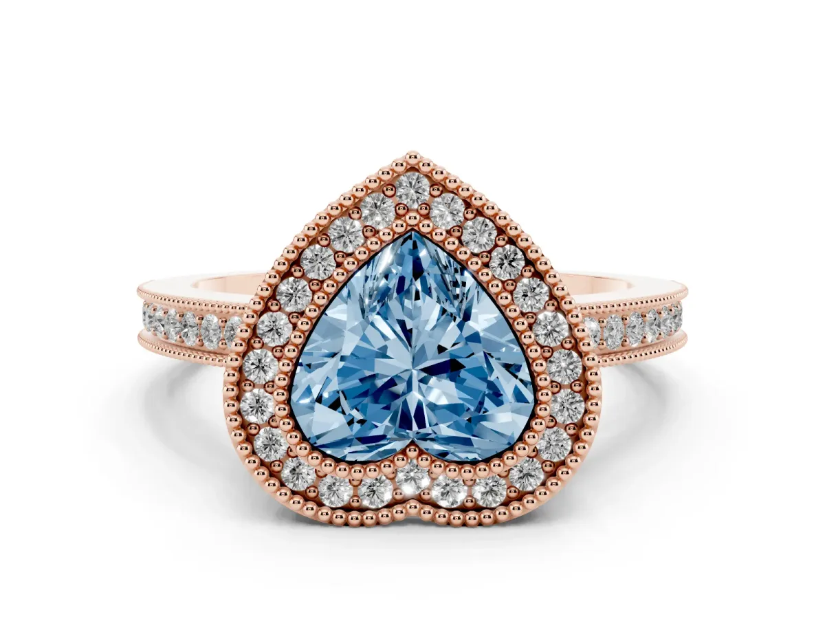 Fancy Blue Heart Cut Cut Halo Diamond Ring with Pavé Band and Milgrain Prong Setting Rose gold
