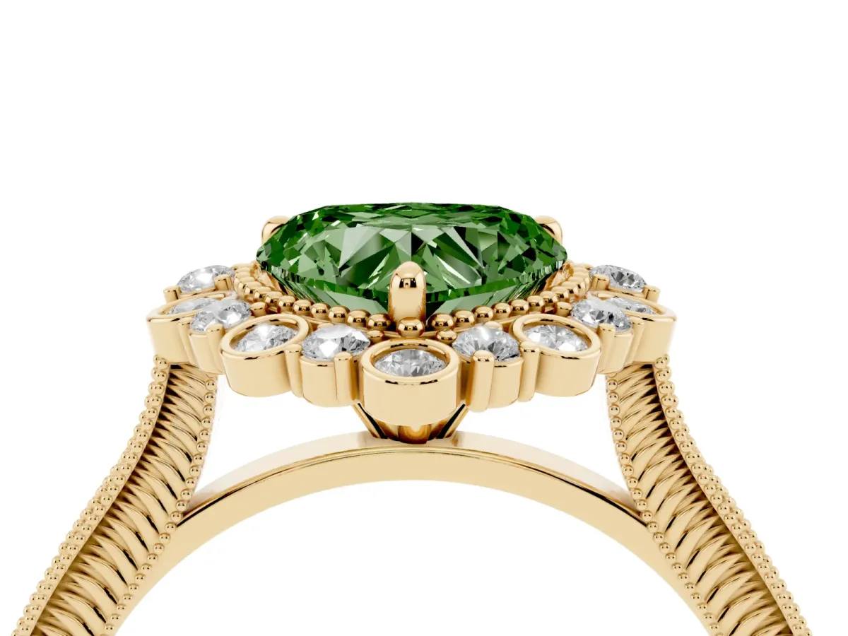 Fancy Green Heart Cut Halo Milgrain Pave Diamond Ring with Four-Prong Setting Yellow gold