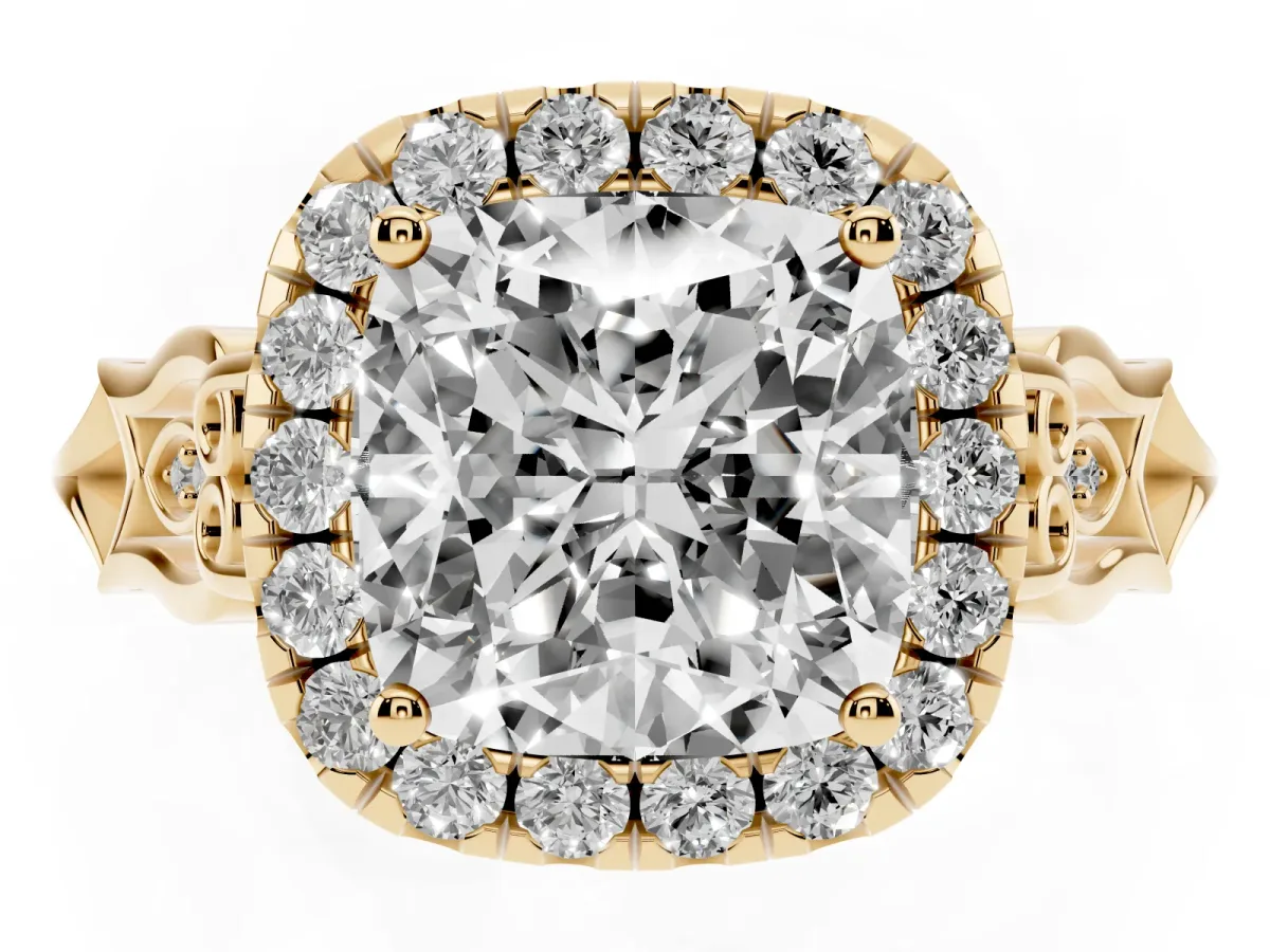 Cushion Cut Halo Diamond Engagement Ring with Filigree Band and Four-Prong Setting Yellow gold