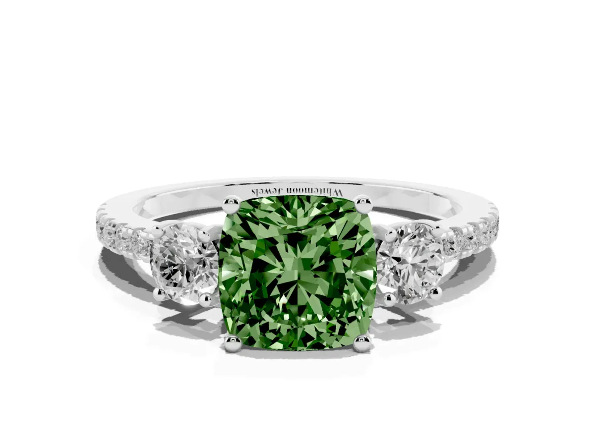 Fancy Green Three-Stone Cushion Cut Cut Diamond Pavé Band with Prong Setting Platinum