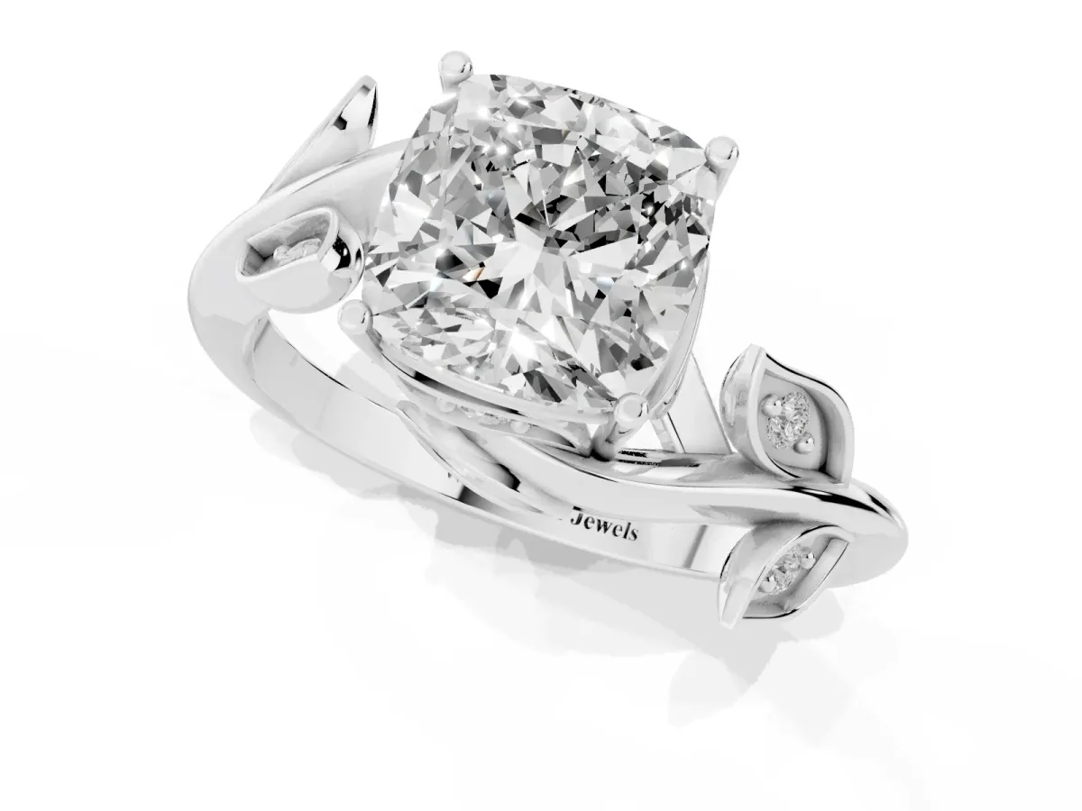 Cushion Cut Solitaire Twist Engagement Ring with Leaf Accents and Prong Setting Silver