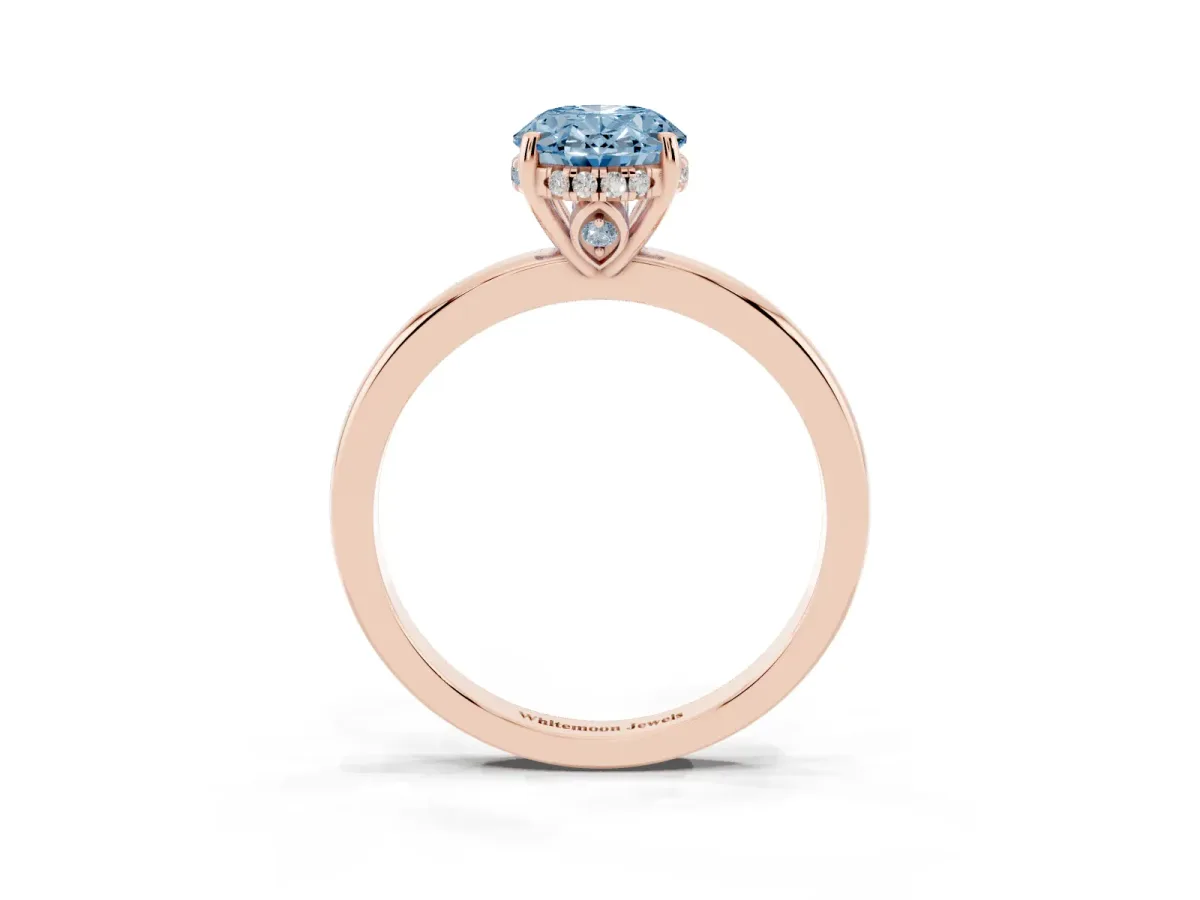 Fancy Blue Oval Cut Solitaire Diamond Ring with Prong Setting and Plain Band Rose gold