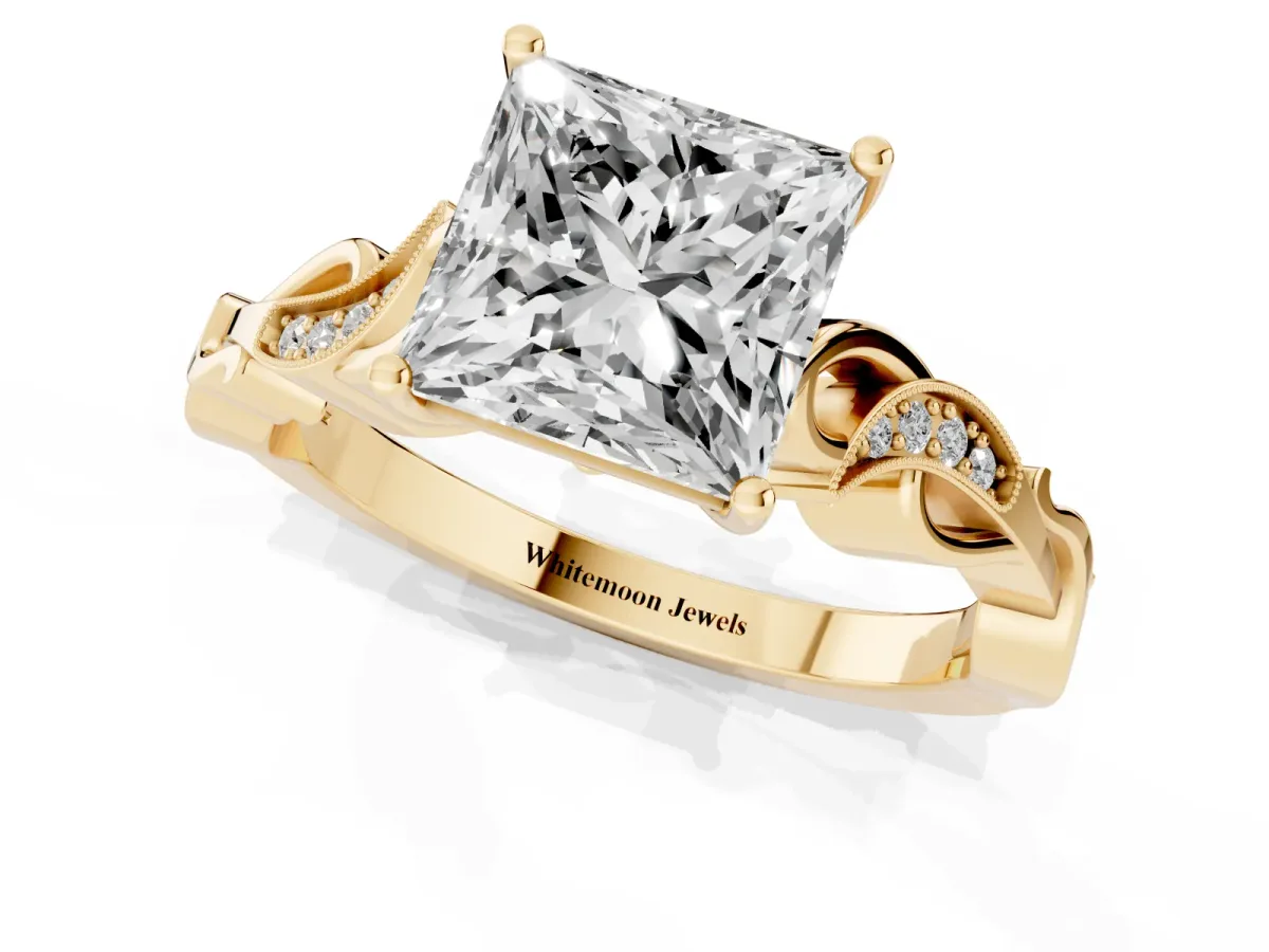 Princess Cut Solitaire Vine Band with Milgrain Prong Setting Yellow gold