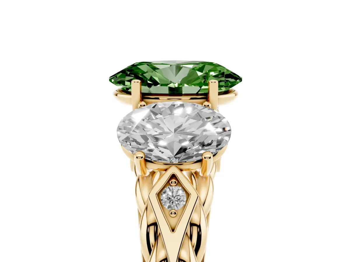 Fancy Green Three-Stone Oval Cut Diamond Braided Band Ring with Four-Prong Setting Yellow gold