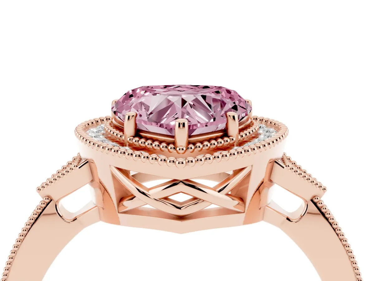 Fancy Pink Heart Cut Halo Round Diamond Milgrain Pave Engagement Ring Rose gold