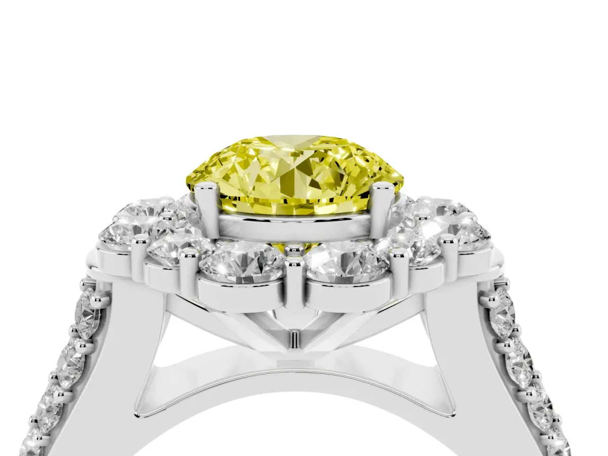 Fancy Yellow Round Cut Halo Diamond Engagement Ring with Split Shank and Prong Setting Silver