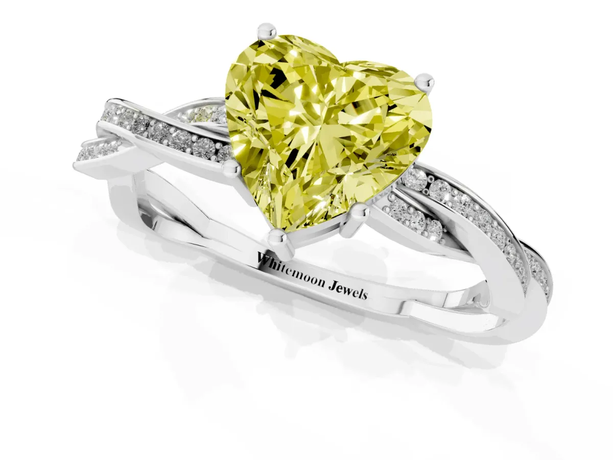 Fancy Yellow Heart Cut Solitaire Twisted Pave Diamond Ring with Four-Prong Setting White gold