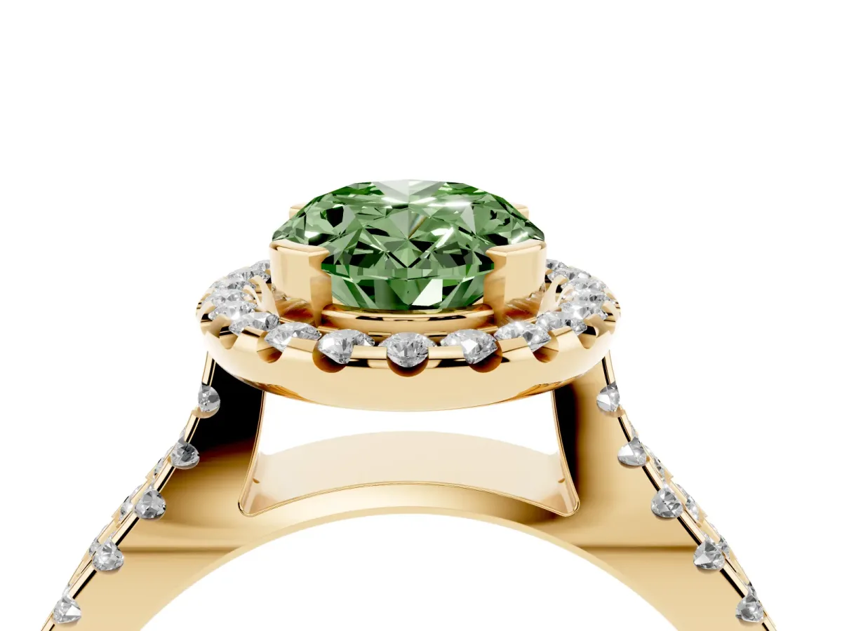Fancy Green Oval Cut Diamond Halo Ring with Split Shank Pavé Band and Prong Setting Yellow gold