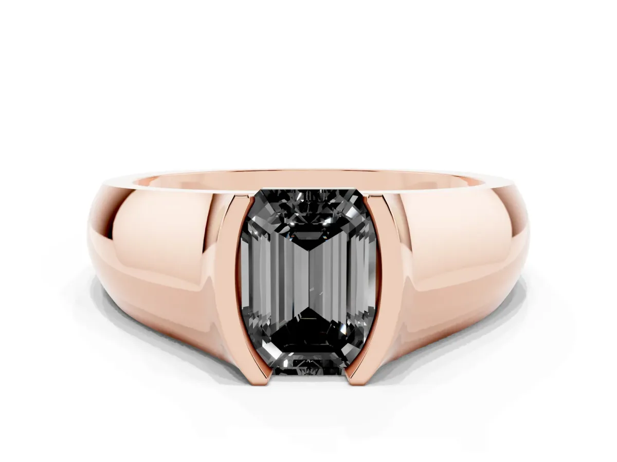 Fancy Black Emerald Cut Solitaire Bezel Set Diamond Ring with Wide Band Rose gold