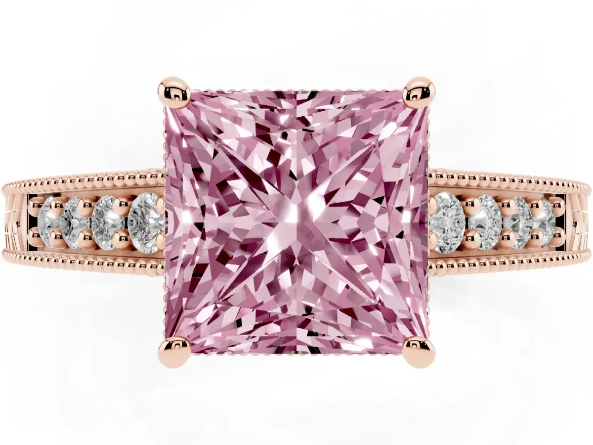 Fancy Pink Princess Cut Solitaire Pavé Diamond Milgrain Engagement Ring with Four-Prong Setting Rose gold