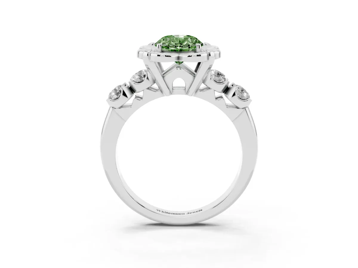 Fancy Green Oval Cut Cut Diamond Floral Halo Engagement Ring with Shared Prong Setting Silver
