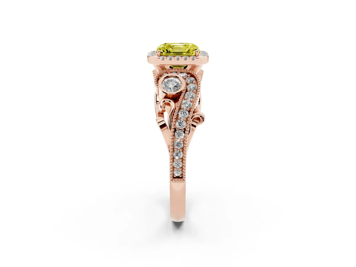 Fancy Yellow Asscher Cut Halo Diamond Ring with Milgrain and Bezel Accents on a Split Shank Band Rose gold