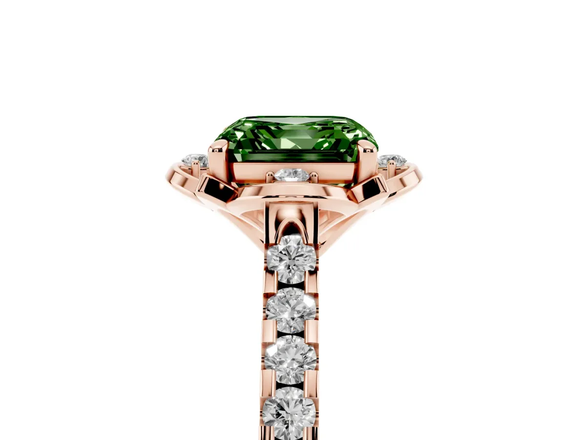 Fancy Green Asscher Cut Diamond Ring with Pavé Band and Floral Prong Setting Rose gold