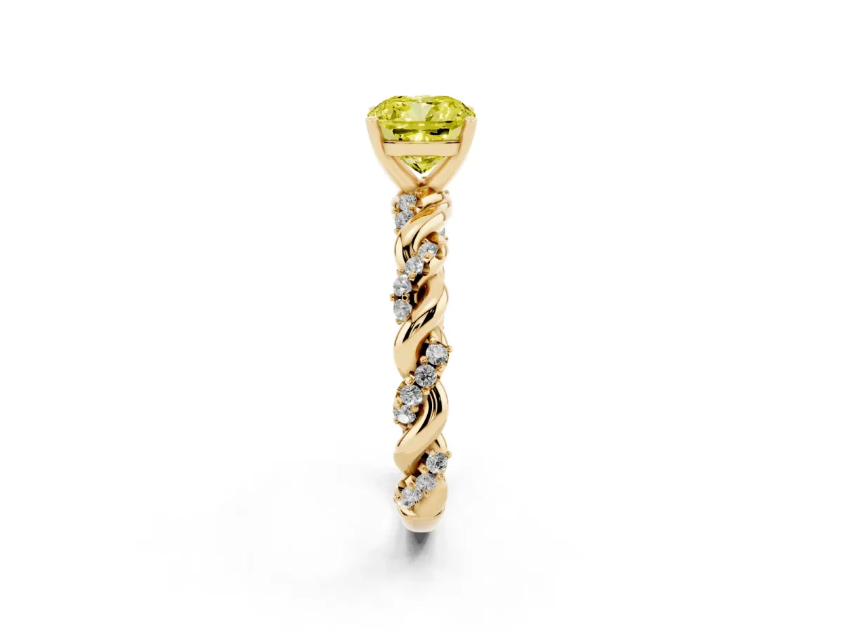 Fancy Yellow Cushion Cut Diamond Solitaire Ring with Twisted Band and Pavé Accents Yellow gold