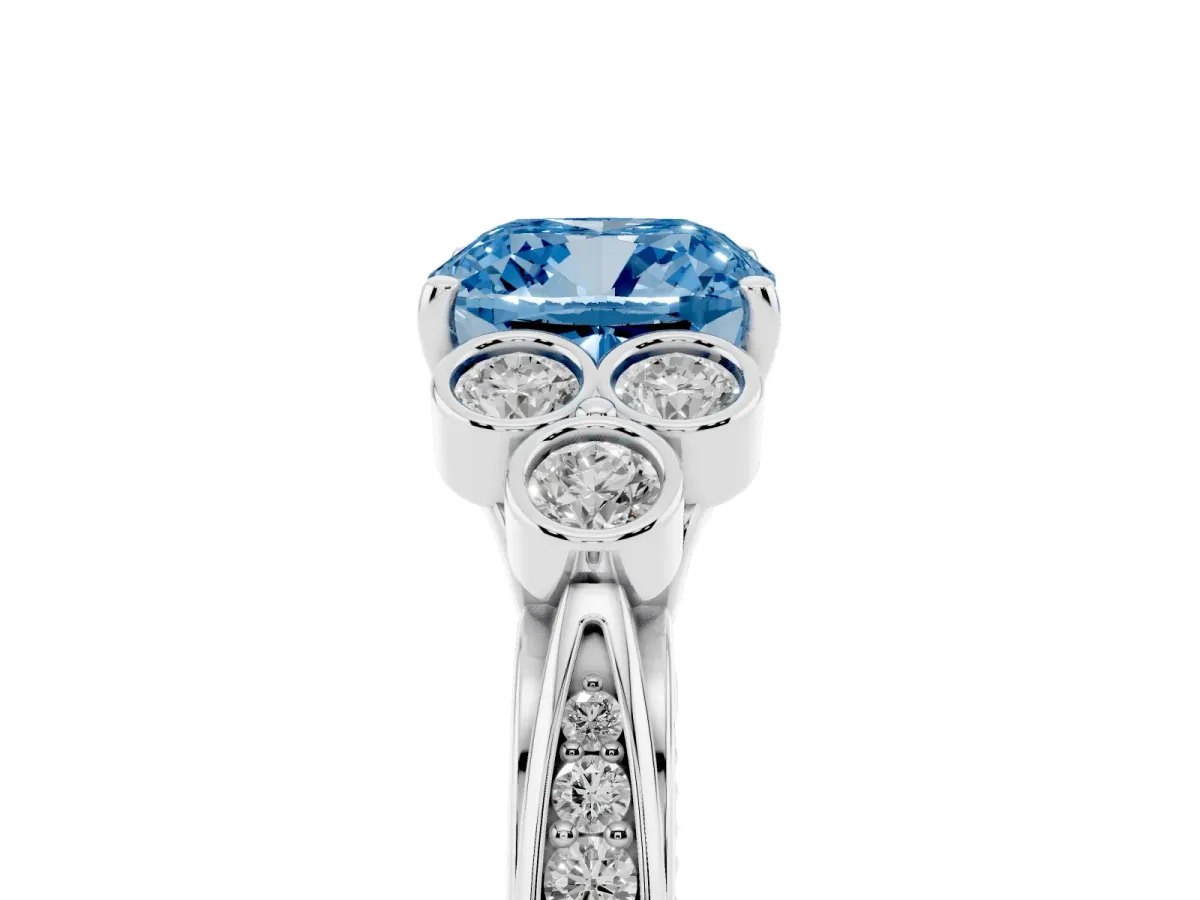 Fancy Blue Cushion Cut Cut Diamond Engagement Ring with Bezel Set Round Side Stones and Prong Setting White gold